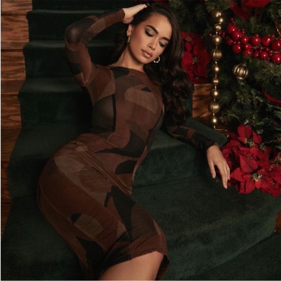 House of CB 'Cassidy' Brown Mesh Printed Long Sleeve Midi Dress NWOT - Picture 5 of 16